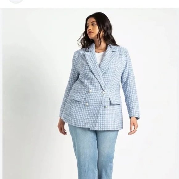 NWT Eloquii Womens Tweed Blazer 24 Jacket Blue Checkered Double Breasted Tweed - Picture 3 of 9